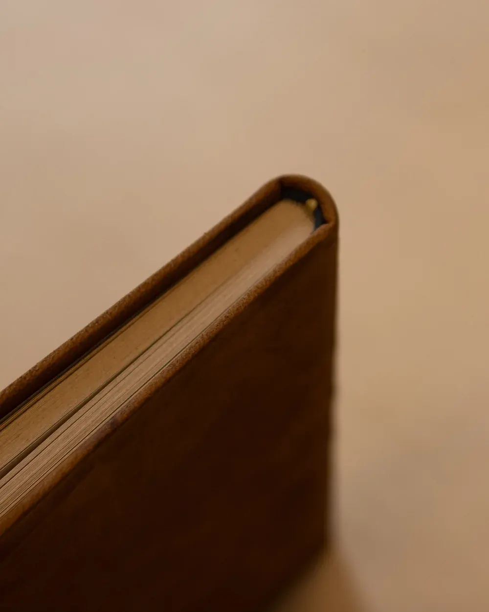 Close-up of the edge of a brown book with visible pages