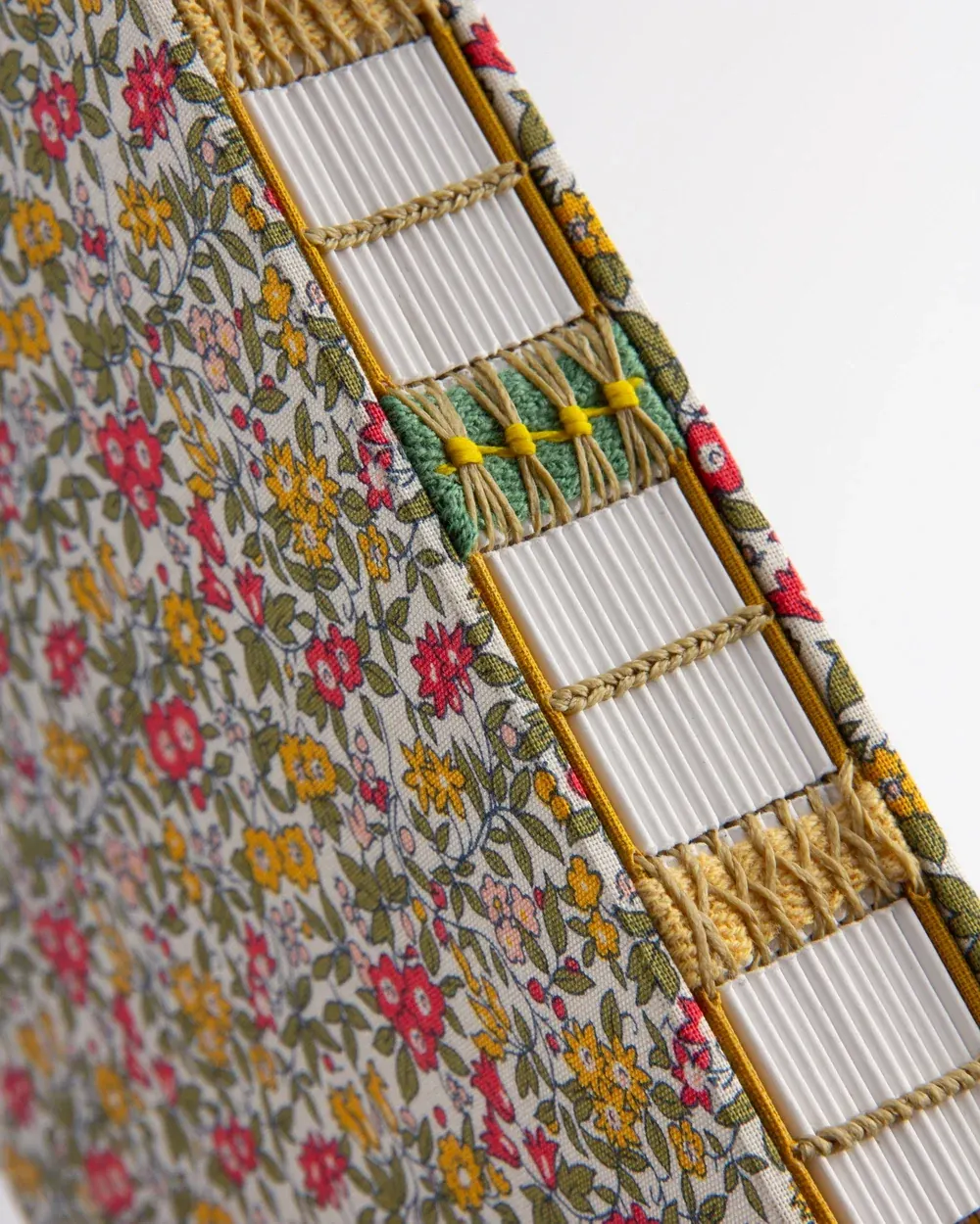 Close-up of a fabric-covered object with floral pattern and a vertical strip with decorative elements, including threads, beads, and small fabric pieces.