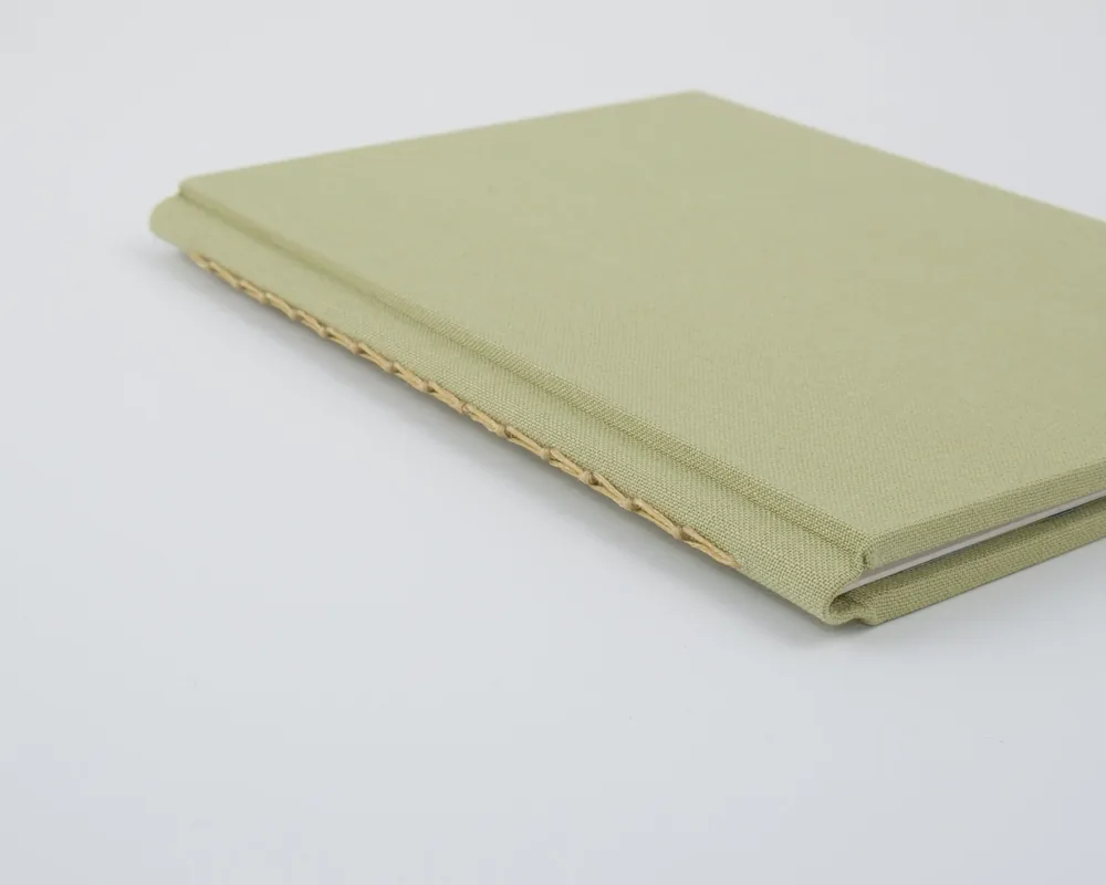 Closed light green fabric-covered notebook with gold binding on a white background.