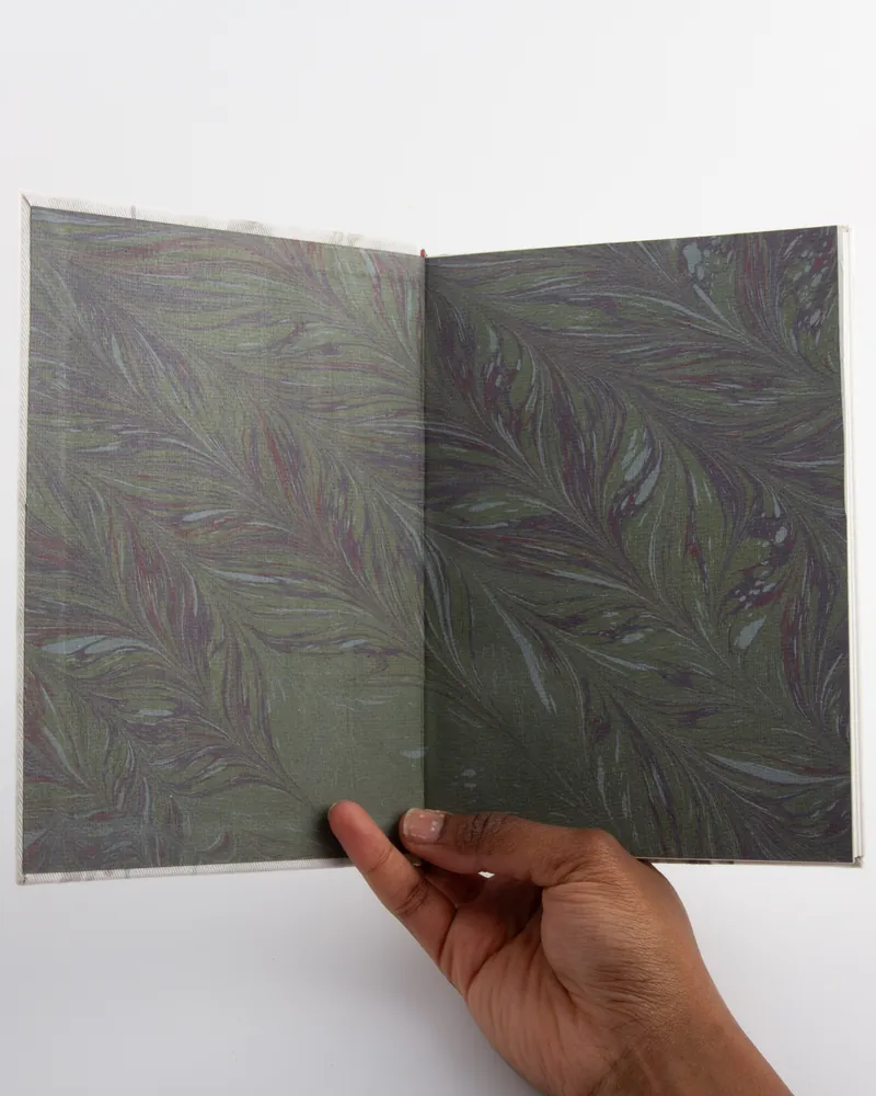 Open book with marbled green and purple pages, held by a person's hand.