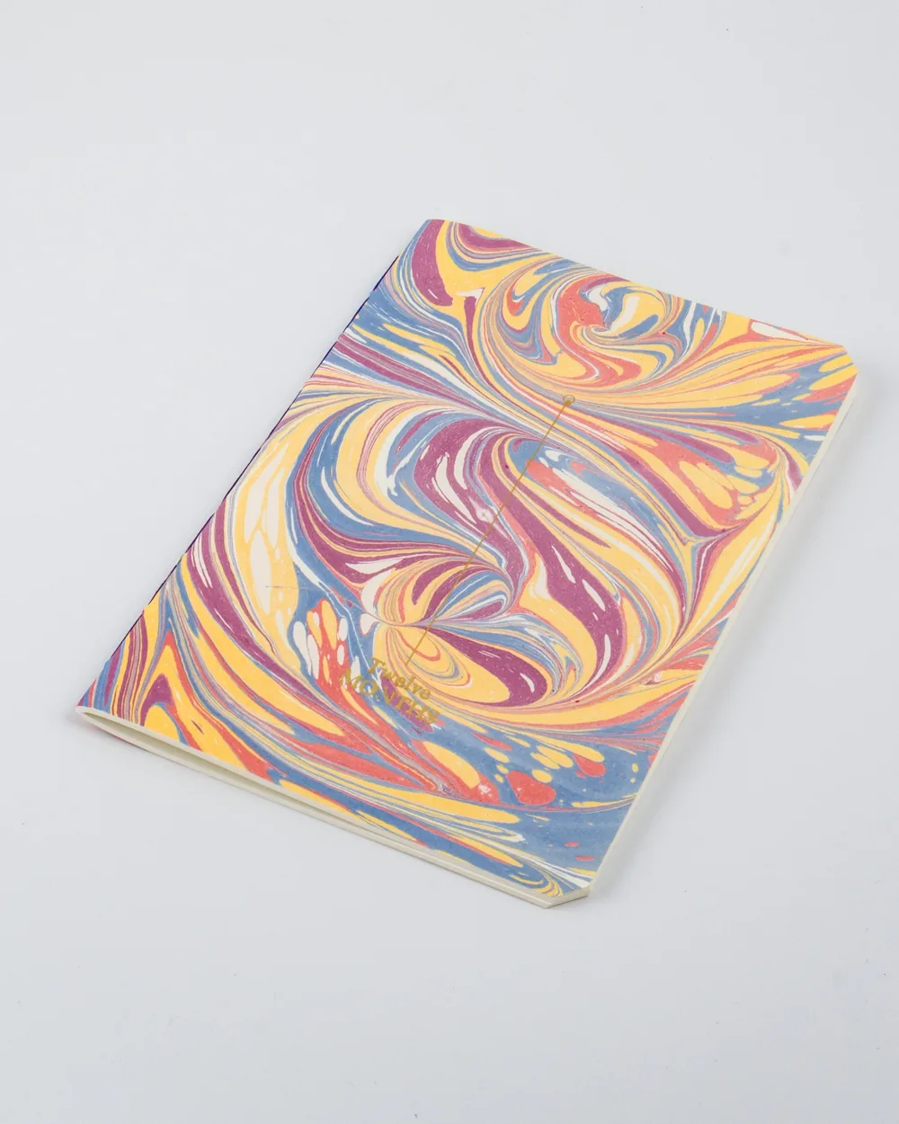 A Marbled Notebook with bright swirling colors of yellow, pink, blue, and white on a white background.