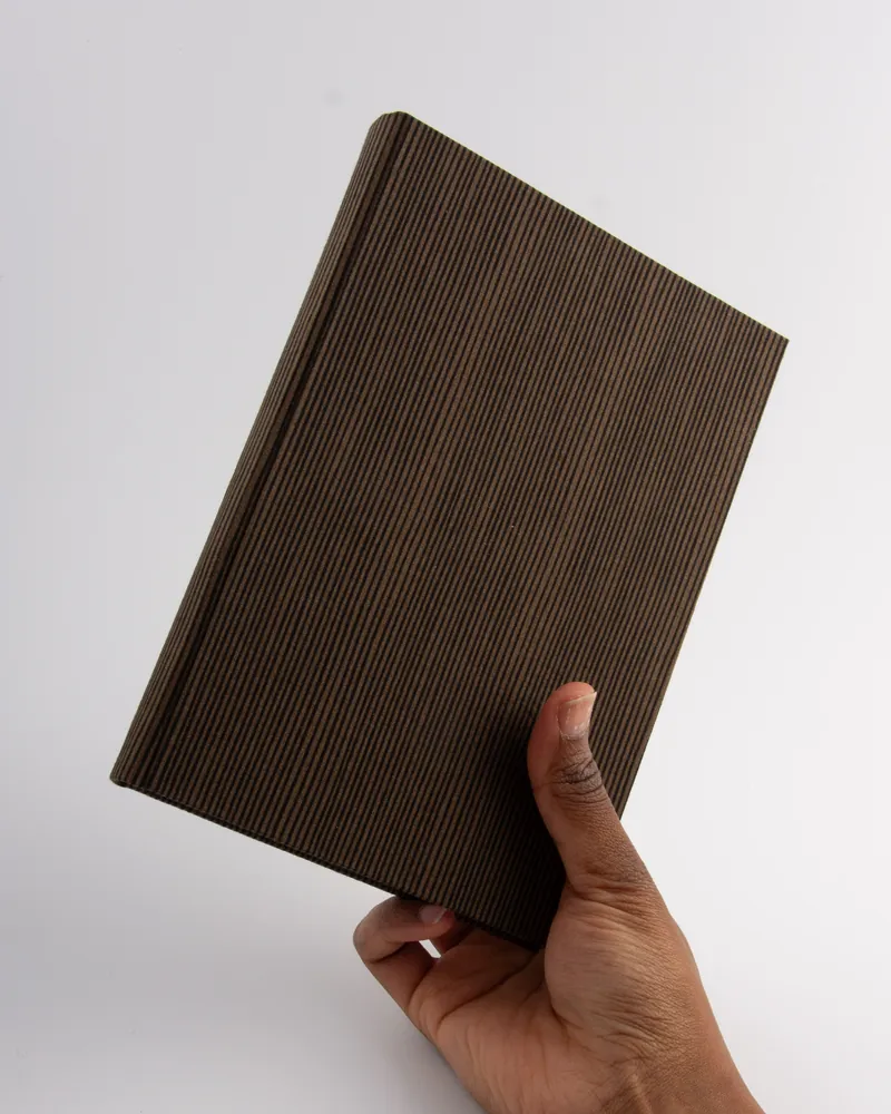 A hand holding a closed hardcover book with a brown striped cover against a plain white background.